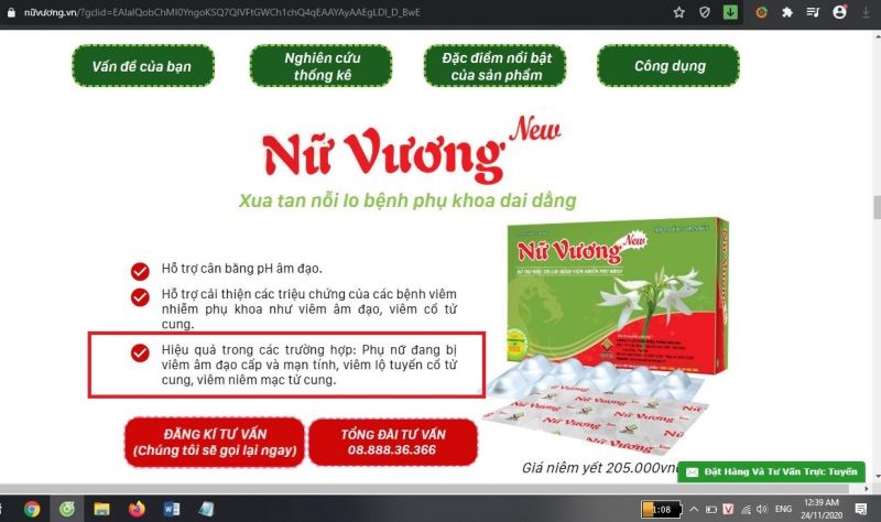 Sản phẩm Nữ Vương New quảng cáo ‘thổi phồng’ công dụng có khả năng chữa bệnh?