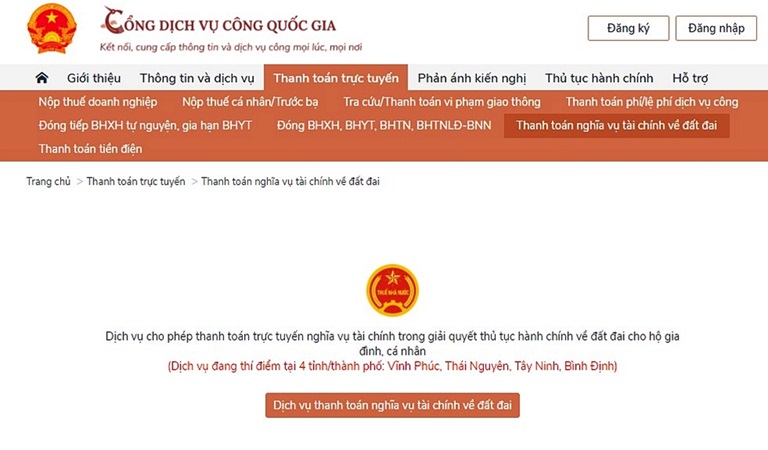 Triển khai thí điểm thanh toán trực tuyến nghĩa vụ tài chính về đất đai