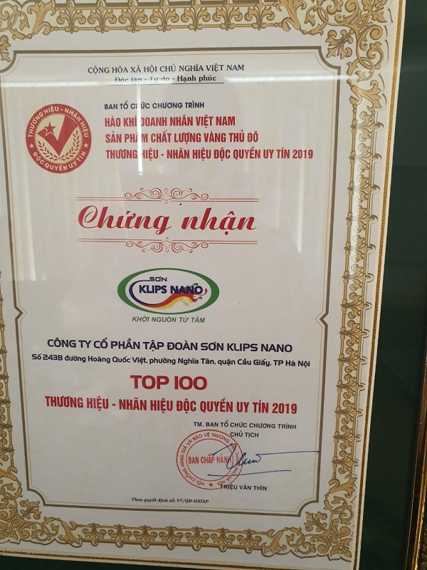 Sơn Klips Nano lọt Top 100 Thương hiệu - nhãn hiệu độc quyền uy tín năm 2019