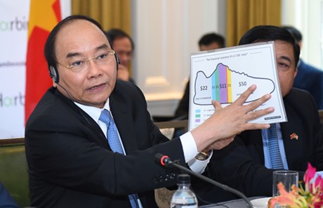 Thủ tướng Nguyễn Xuân Phúc dùng hình ảnh đôi giày để minh họa lợi nhuận của các nhà đầu tư Hoa Kỳ tại Việt Nam. Ảnh: VGP/Quang Hiếu