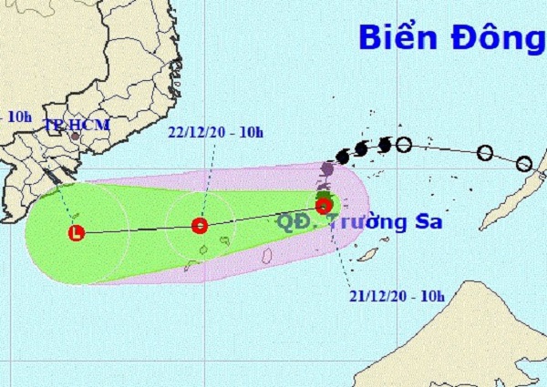 Vị trí và dự báo đường đi của áp thấp nhiệt đới (Nguồn: Trung tâm dự báo khí tượng thủy văn quốc gia)