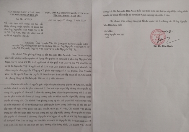 Thông báo số 86/CNHA của Chi nhánh Văn phòng ĐKĐĐ quận Hải An gửi ông Hải