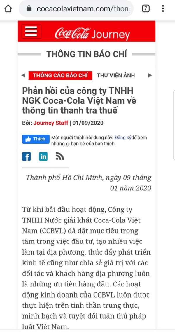 Thông cáo báo chí ngày 9/1/2020 của Coca-Cola Việt Nam.