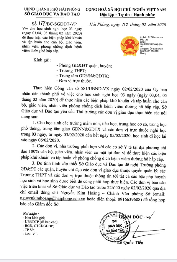 Hải Phòng: Học sinh nghỉ học 3 ngày để thực hiện biện pháp khử khuẩn và tập huấn cho giáo viên phòng chống dịch nCov