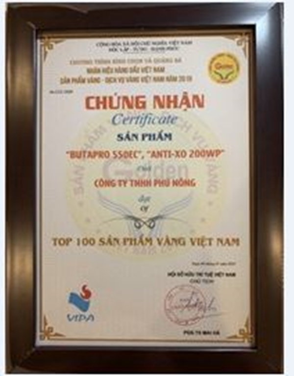 Chứng nhận BUTAPRO 550EC và ANTI-XO 200WP đạt Top 100 sản phẩm vàng Việt Nam