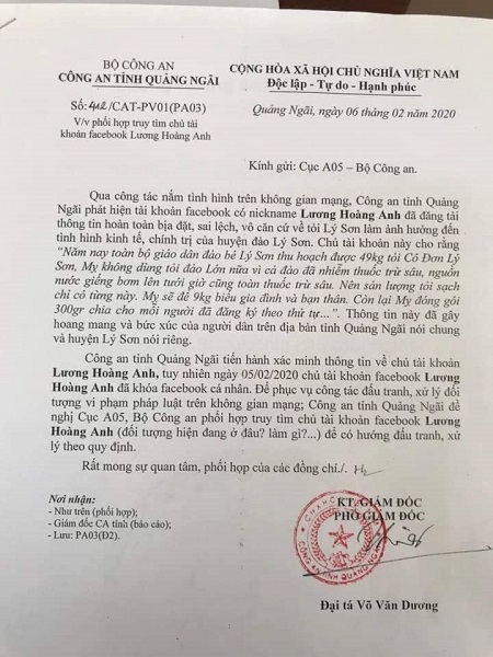 Văn bản Công an tỉnh Quảng Ngãi gửi Cục A05 Bộ Công an