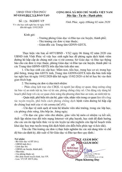 Vĩnh Phúc: Học sinh nghỉ thêm 1 tuần để phòng dịch nCoV