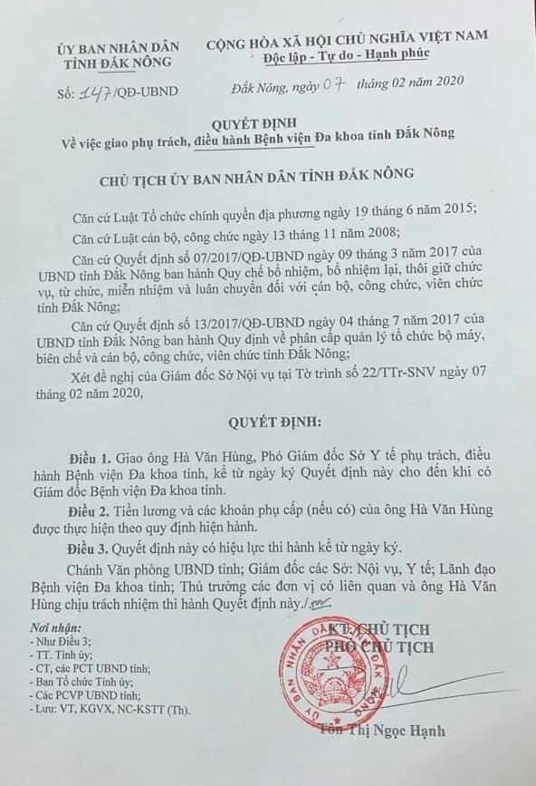 Quyết định giao Phó giám đốc Sở Y tế Hà Văn Hùng phụ trách và điều hành Bệnh viện Đa khoa tỉnh Đắk Nông