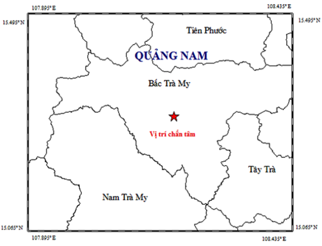 Vị trí tâm chấn cuộc động đất xảy ra tại huyện Bắc Trà My sáng 17/2. (Ảnh: Viện Vật lý địa cầu)