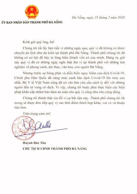 Chủ tịch UBND TP. Đà Nẵng cũng gửi thư xin lỗi các du khách Hàn Quốc khi họ gặp phải sự bất tiện khi đến Đà Nẵng vào thời điểm dịch Covid – 19