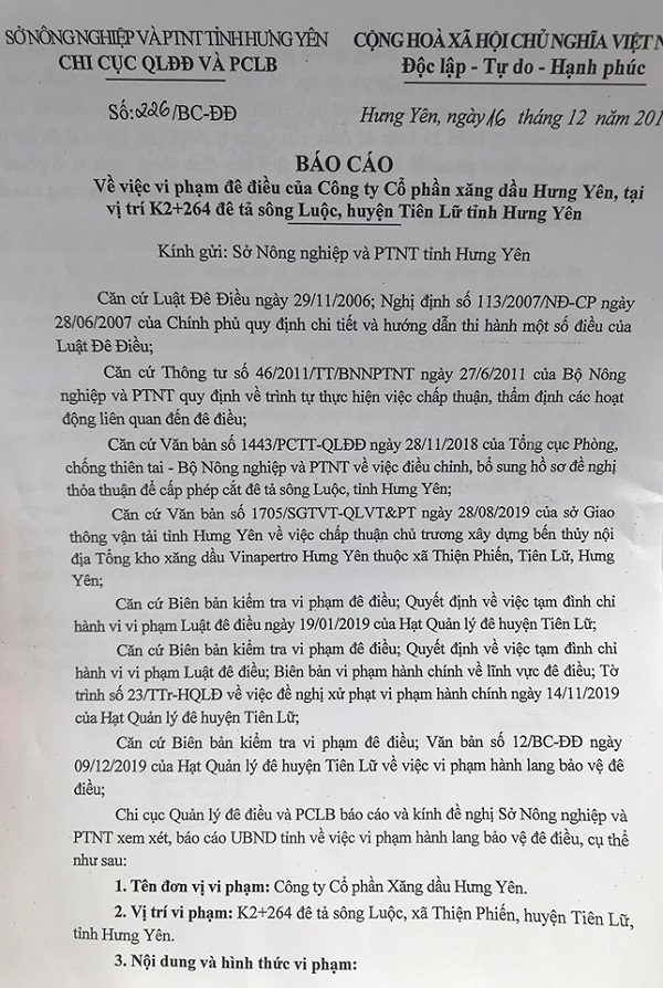 Báo cáo của Chi cục QLĐĐ và PCLB gửi Sở NN&PTNT Hưng Yên