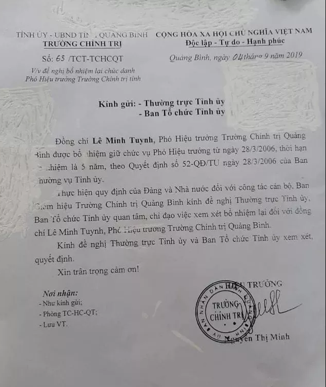 Trường Chính trị Quảng Bình có công văn về việc đề nghị bổ nhiệm lại chức danh Phó Hiệu trưởng trường đối với ông Lê Minh Tuynh