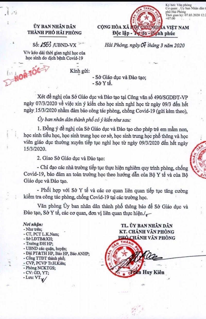 Hải Phòng: Kéo dài thời gian cho học sinh nghỉ học do dịch bệnh Covid-19.
