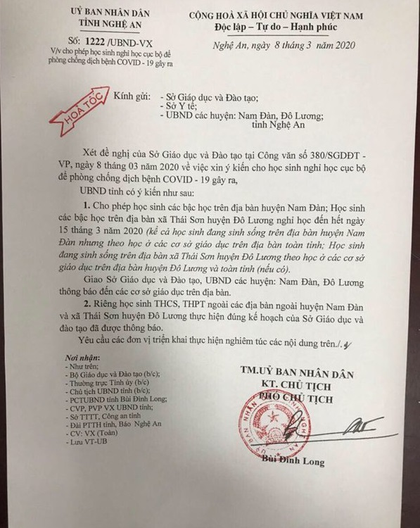Nghệ An phát công văn khẩn cho nghỉ học ở một số địa phương để phòng dịch Covid-19