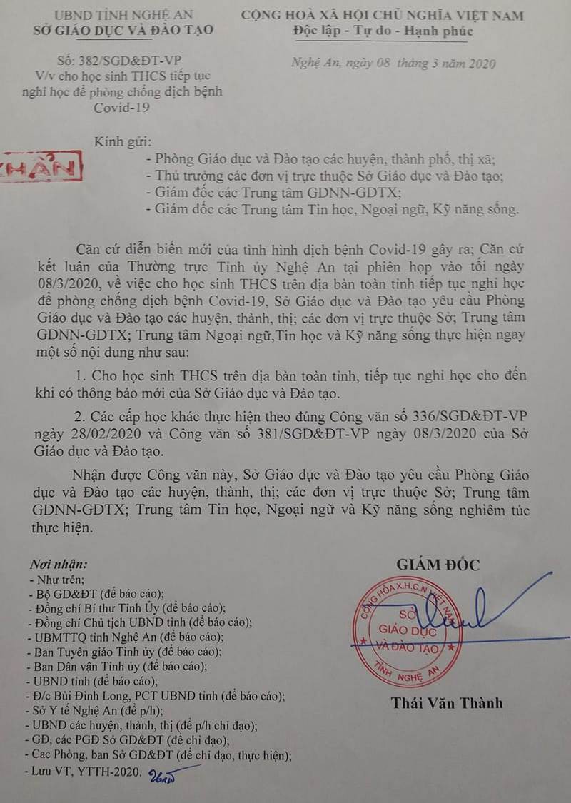 Nghệ An: Học sinh THCS tiếp tục nghỉ học để phòng, chống dịch Covid-19