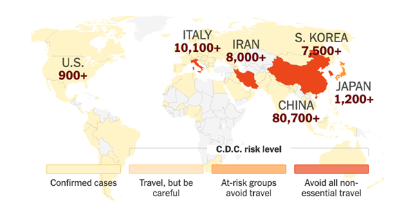 Bản đồ một số quốc gia ghi nhận nhiều ca nhiễm Covid-19 tính đến 6h ngày 11/3. (Nguồn: The New York TIimes)