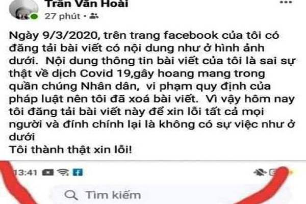 Trần Văn Hoài sau đó xóa bài viết, công khai xin lỗi trên Facebook
