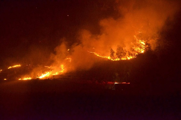 Ngọn lửa đang bùng phát mạnh đã thiêu rụi một số diện tích rừng ở huyện Sóc Sơn, Hà Nội