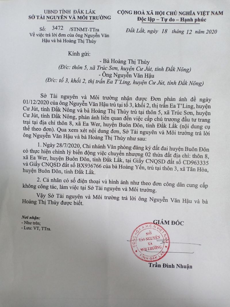 Văn bản trả lời của Sở TNMT tỉnh Đắk Lắk