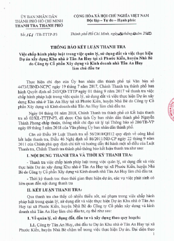 Tại kết luận thanh tra số 161/TB-TTTP-P3 của Thanh tra TP. Hồ Chí Minh ngày 24/12/2020 đã chỉ ra hàng loạt sai phạm của dự án xây dựng Khu nhà ở Tân An Huy