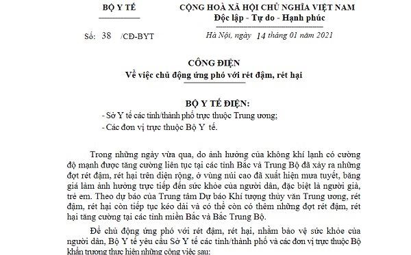 Bộ Y tế vừa ban hành Công điện số 38/CĐ-BYT về việc chủ động ứng phó với rét đậm, rét hại