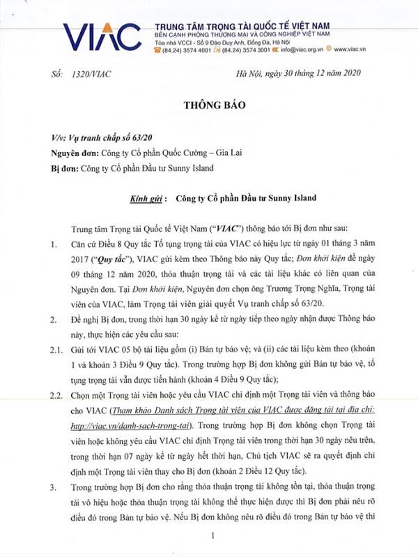 Trung tâm Trọng tài Quốc tế Việt Nam vừa thụ lý đơn kiện của Công ty Quốc Cường Gia Lai liên quan đền dự án Phước Kiển