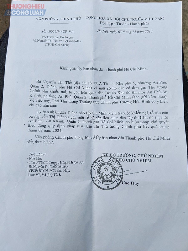 Ngày 01/12/2021, Văn phòng Chính phủ đã có văn bản số 10057/VPCP-V.I gửi UBND TP.HCM, về việc khiếu nại tố cáo của bà Nguyễn Thị Tiết và một số hộ dân