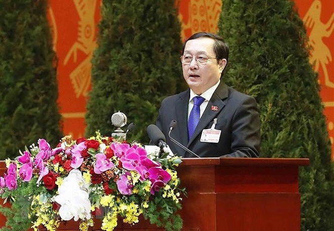 Ủy viên Trung ương Đảng, Bộ trưởng Bộ Khoa học và Công nghệ Huỳnh Thành Đạt trình bày tham luận. (Ảnh: TTXVN)