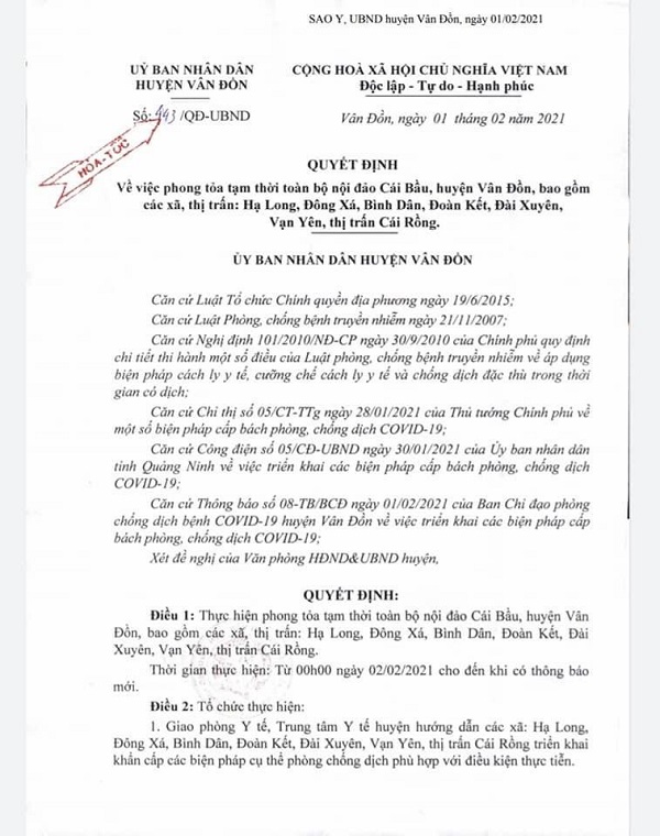 Quyết định số 443/QĐ-UBND thực hiện phong tỏa tạm thời toàn bộ nội đảo Cái Bầu, huyện Vân Đồn