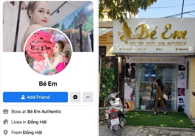 Trang Facebook cá nhân “Bé Em” và cửa hàng Bé Em tại địa chỉ số 125 đường Hai Bà Trưng, phường Đồng Phú, TP. Đồng Hới, Quảng Bình