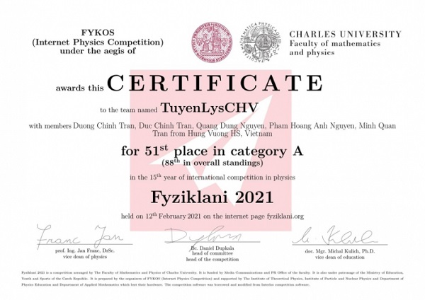 Cuộc thi Fyziklani Đội tuyển Vật lý của Trường THPT Chuyên Hùng Vương (Phú Thọ) xuất sắc đạt hạng A