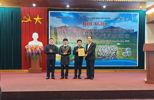 Đồng chí Vũ Xuân Hợi, Giám đốc Sở Khoa học và Công nghệ trao Giấy chứng nhận đăng ký nhãn hiệu Khoai sọ nương Trạm Tấu cho lãnh đạo UBND huyện Trạm Tấu