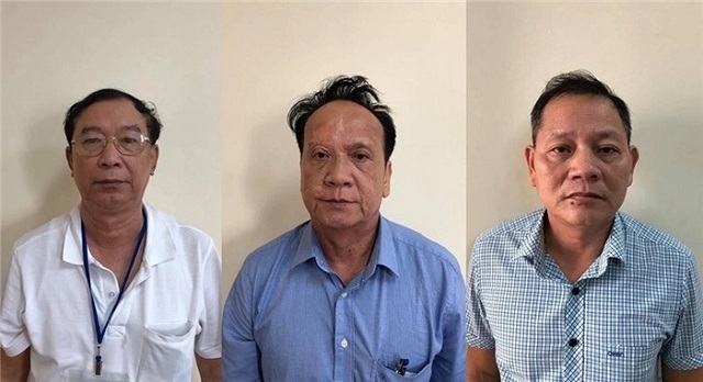 Các bị can Bình, Trang, Thanh (từ trái qua) vừa bị khởi tố và bắt tạm giam. Ảnh Bộ Công an