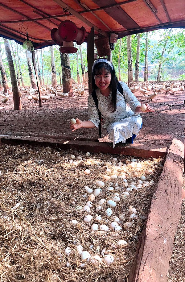 Nhà báo Minh Thùy cảm thấy rất thú vị khi đến thăm mô hình khởi nghiệp với việc nuôi vịt và trồng dừa của đoàn viên Lê Văn Phong