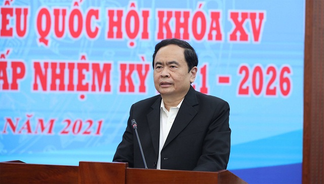 Ủy viên Bộ Chính trị, Chủ tịch Ủy ban Trung ương MTTQ Việt Nam, Trưởng Ban Chỉ đạo bầu cử Ủy ban Trung ương MTTQ Việt Nam Trần Thanh Mẫn phát biểu tại Hội nghị.