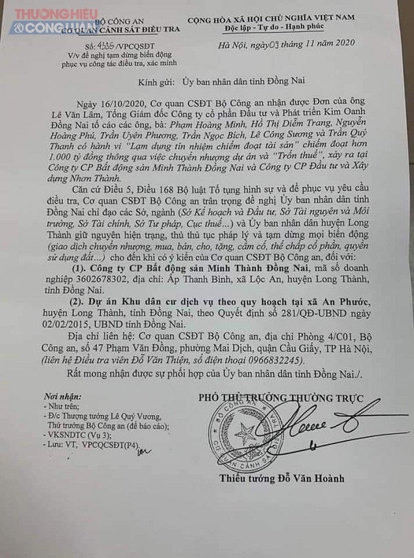 Văn bản số 4335/VPCQCSĐT ngày 9/11/2020 do Phó Thủ trưởng Thường trực CQĐT Bộ Công an, Thiếu tướng Đỗ Văn Hoành ký