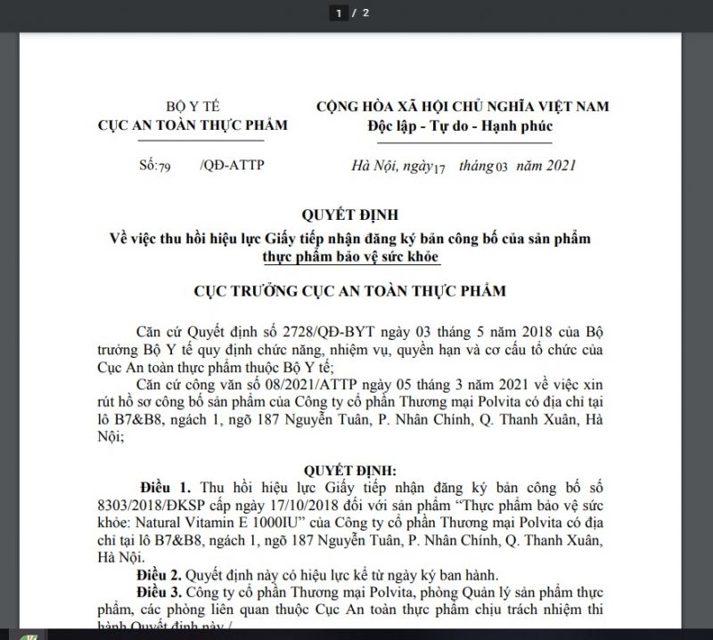 Thu hồi hiệu lực Giấy tiếp nhận đăng ký bản công bố sản phẩm TPBVSK Natural Vitamin E 1000IU