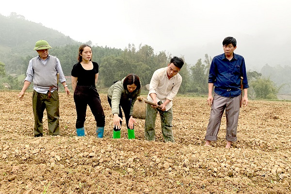 Lãnh đạo HTX Nông nghiệp hữu cơ Tuyên Quang hướng dẫn kỹ thuật trồng cây húng cho các thành viên HTX Rau - Thảo dược, ở thôn Cao Đường, xã Yên Thuận (Hàm Yên).