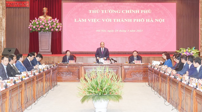 Thủ tướng Nguyễn Xuân Phúc tại buổi làm việc với thành phố Hà Nội ngày 28/3