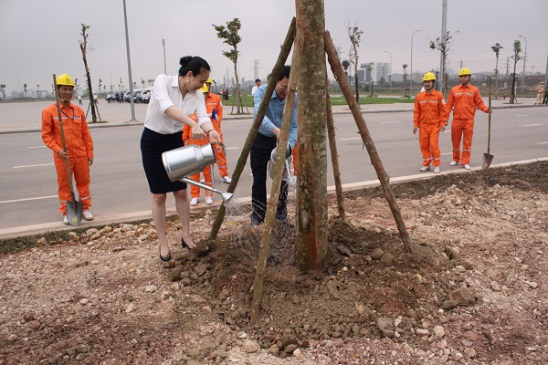 Bà Đỗ Nguyệt Ánh - Tổng giám đốc Tổng công ty Điện lực miền Bắc cùng lãnh đạo tỉnh Bắc Giang tham gia trồng cây