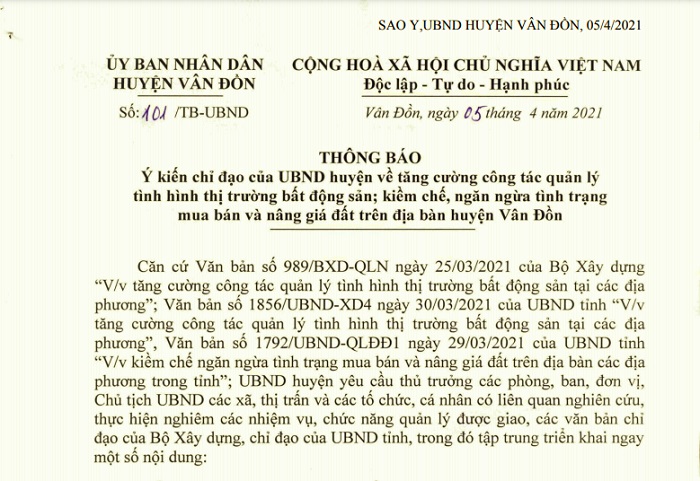 Văn bản của UBND huyện Vân Đồn