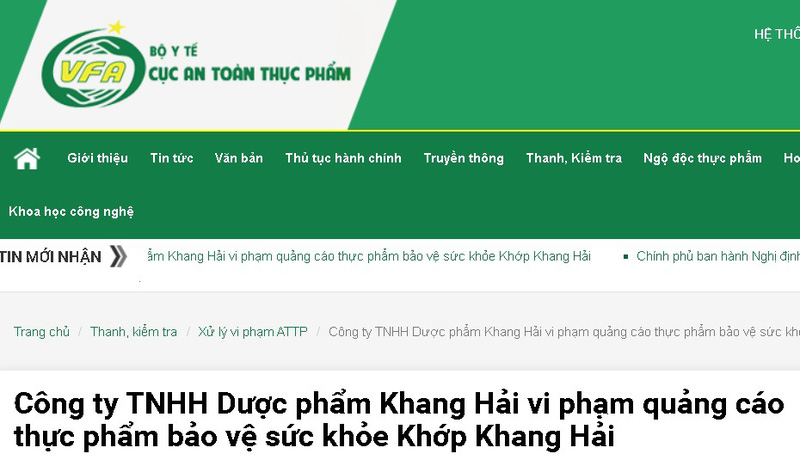 Công ty TNHH Dược phẩm Khang Hải vi phạm quảng cáo thực phẩm bảo vệ sức khỏe Khớp Khang Hải