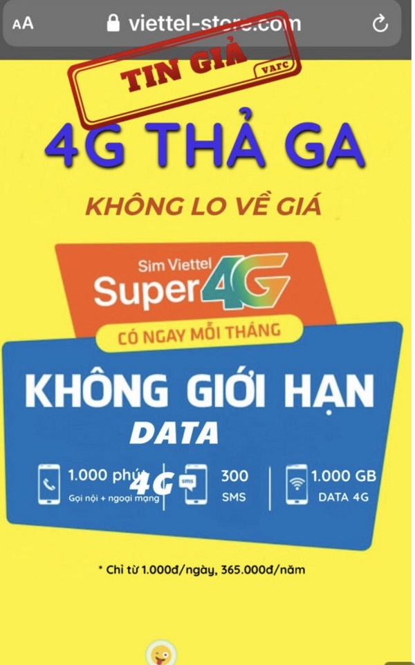 Cảnh báo giả mạo website của Viettel để bán sim 4G