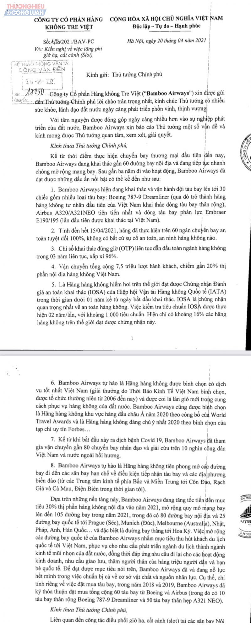 Trong văn bản ngày 20.4 gửi lên Thủ tướng, Bamboo tố Cục Hàng không để lãng phí 30 slot/ngày tại Nội Bài và Tân Sơn Nhất