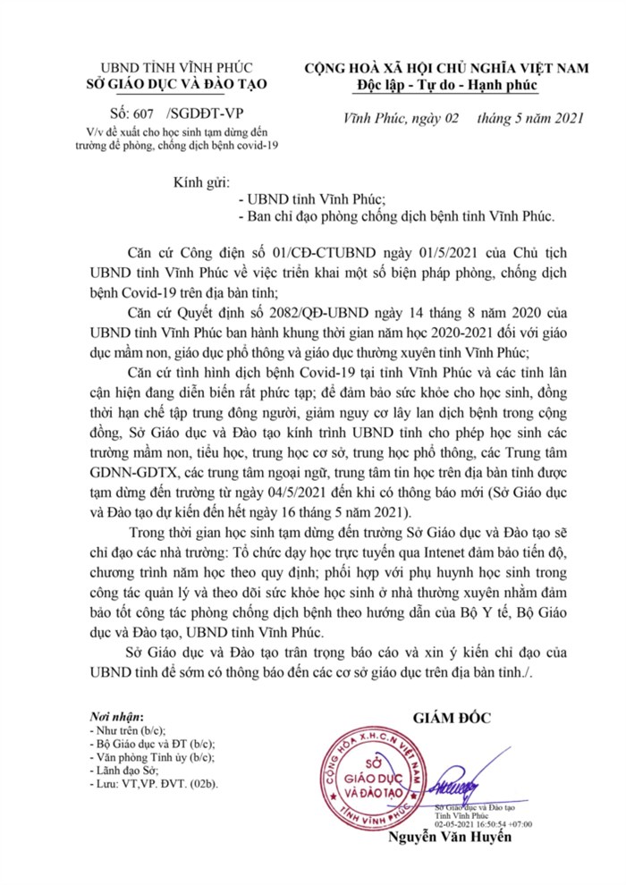 Sở GD&ĐT Vĩnh Phúc đề nghị cho học sinh nghỉ học từ 4/5