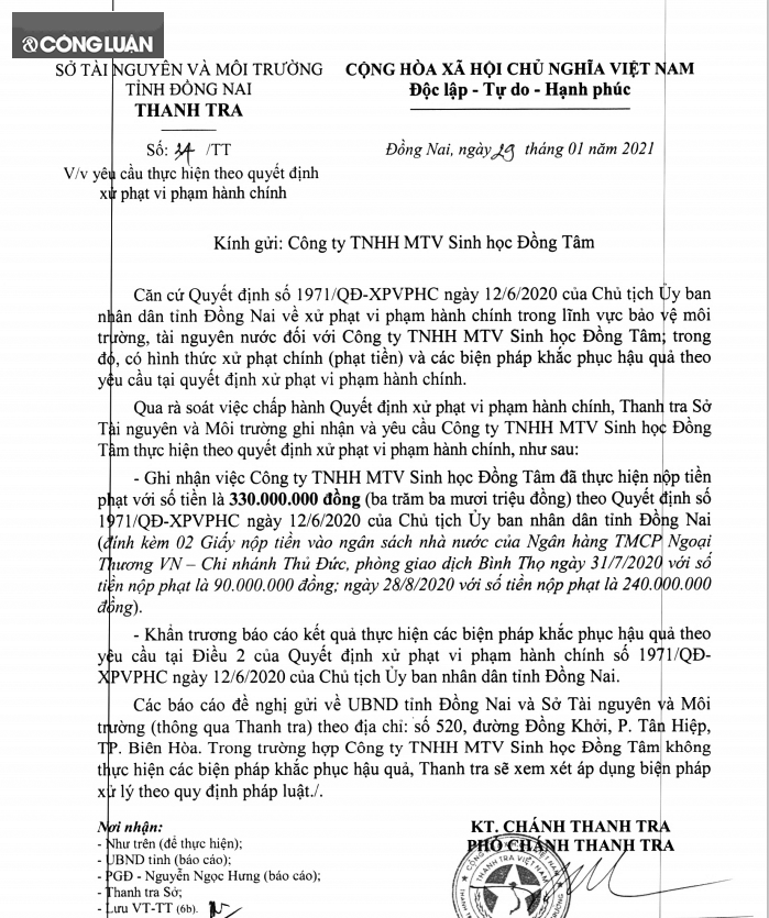 Văn bản yêu cầu thực hiện xử phạt của Thanh tra Sở Tài nguyên và Môi trường Đồng Nai đối với Coont ty TNHH MTV Sinh học Đồng Tâm