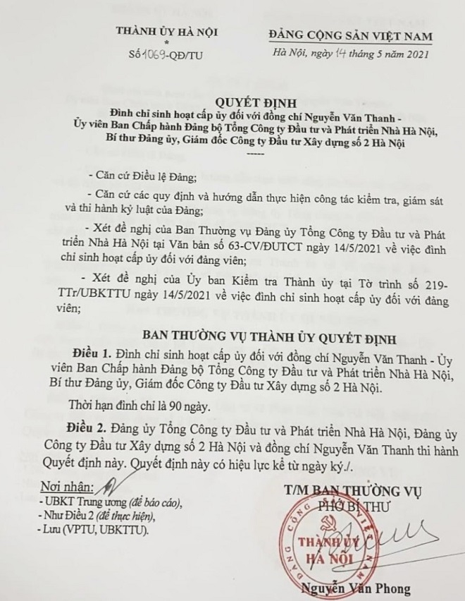 Hà Nội: Đình chỉ sinh hoạt Đảng đối với ông Nguyễn Văn Thanh