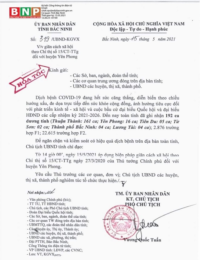 Bắc Ninh: Giãn cách xã hội huyện Yên Phong từ 14h ngày 15/5