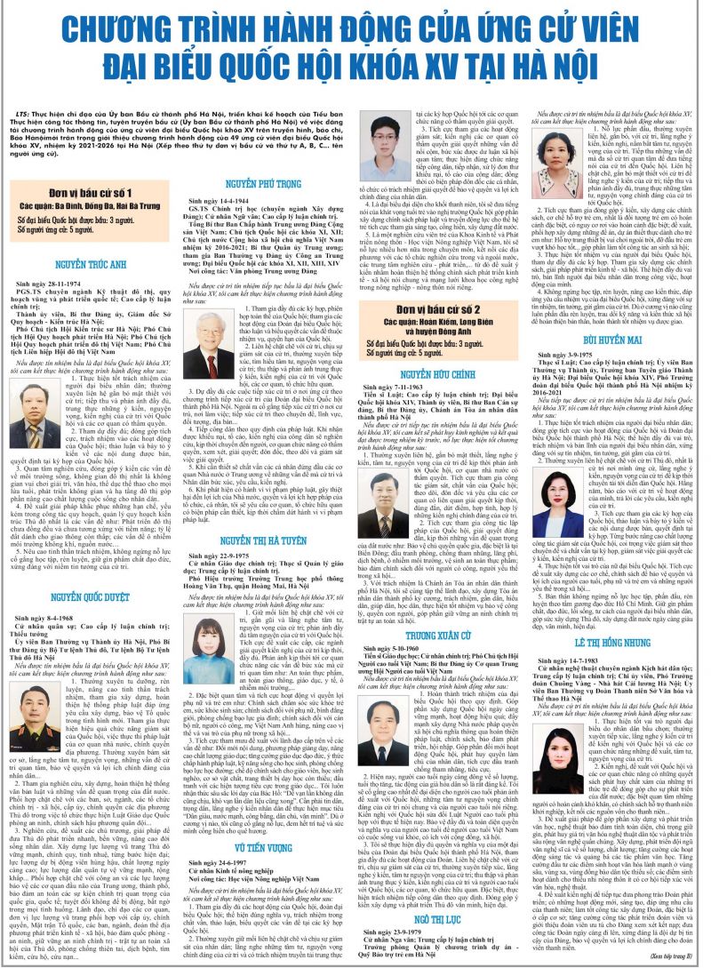 Chương trình hành động của các ứng cử viên đại biểu Quốc hội khóa XV tại Hà Nội