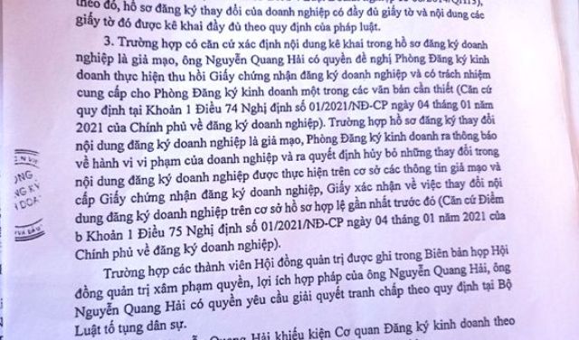 Công văn gửi TAND tỉnh Quảng Bình ngày 26/2, Phòng ĐKKD bổ sung ý kiến cho biết: Nếu xác định hồ sơ ĐKKD là giả mạo, ông Hải có quyền đề nghị Phòng ĐKKD thu hồi GCNĐKDN
